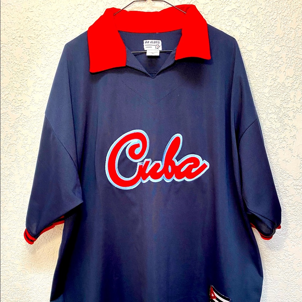 BB Jeans London Blue and Red #21 Cuba Polo Short Sleeve Shirt Men’s Size 8